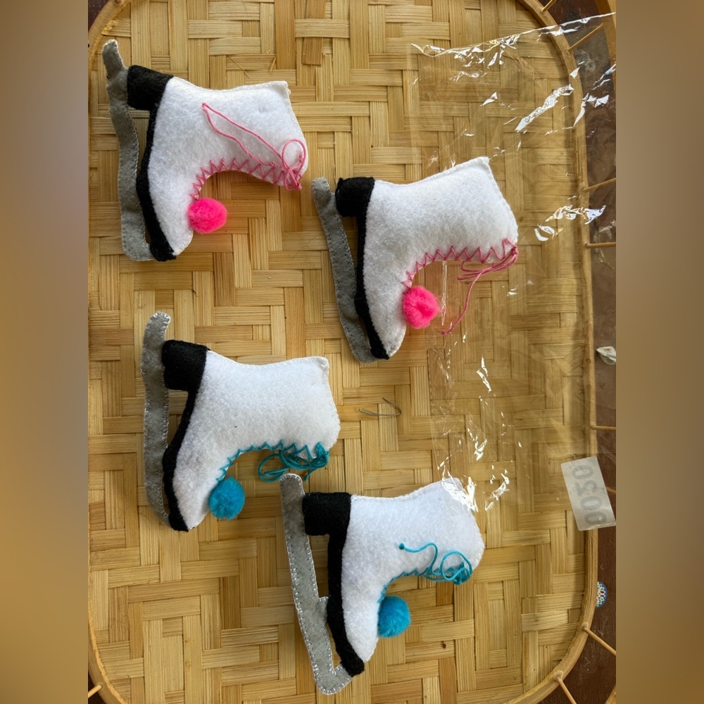 White Felt Kids Ice Skate Boot Ornament with Pink and Blue Accents